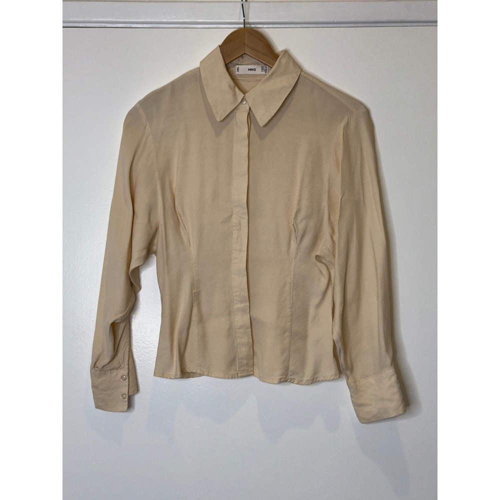 Mango Women Size 2 Cream Long Sleeve Button Down Collared Blouse Minimalist